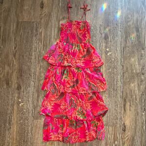 Chelsea & violet girls Pink Red Floral Smocked Maxi Dress Adjustable Straps S